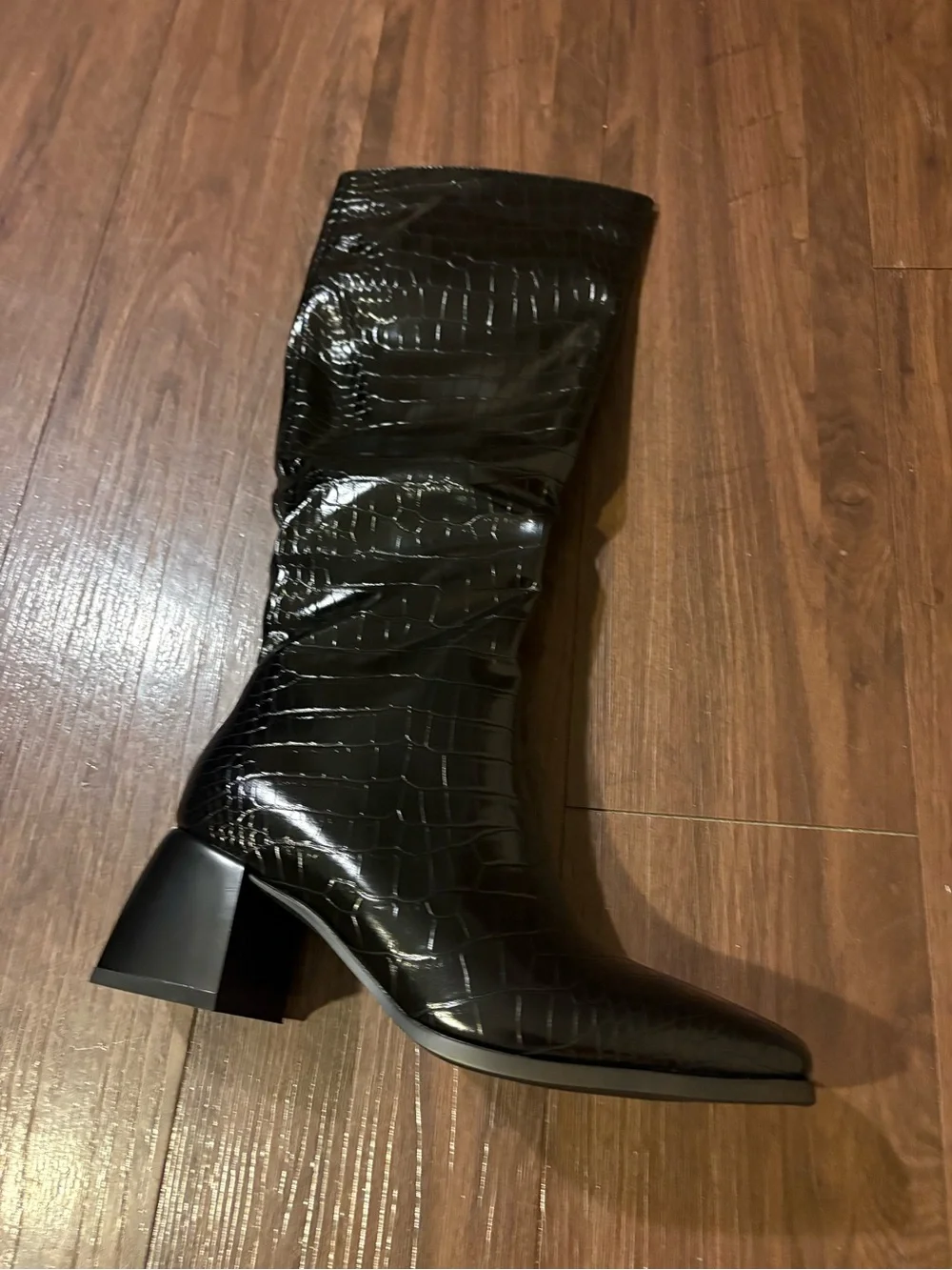 Women's Black Croc-Embossed Knee-High Block Heel Boot